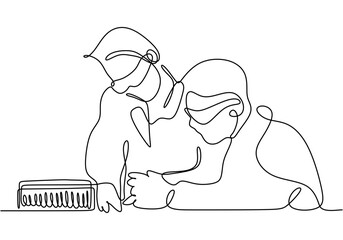 One Line Drawing of Two Scientists Conducting an Experiment, Depicting Teamwork and Innovation in a Laboratory Setting.