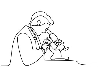 One Line Drawing of a Scientist Using a Microscope, Capturing the Essence of Research and Discovery.