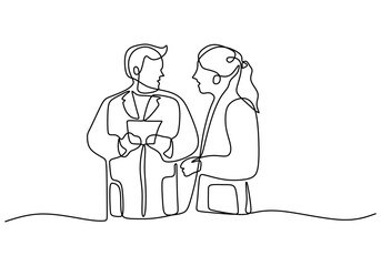 One Line Drawing of Two Scientists in Discussion, Symbolizing Collaboration and Intellectual Exchange.