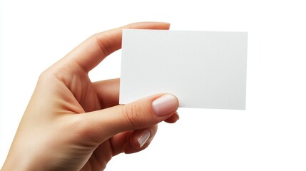 Obraz premium Womans Hand Holding a Blank Business Card, Isolated on White Background, Perfect for Mockups