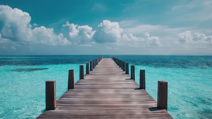 Obraz premium A pier juts into the ocean on a sunny day with cloudy skies and blue water in the foreground