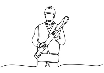 One Line Drawing of an Engineer Holding Work Papers, Illustrating the Detailed Nature of Engineering Work.