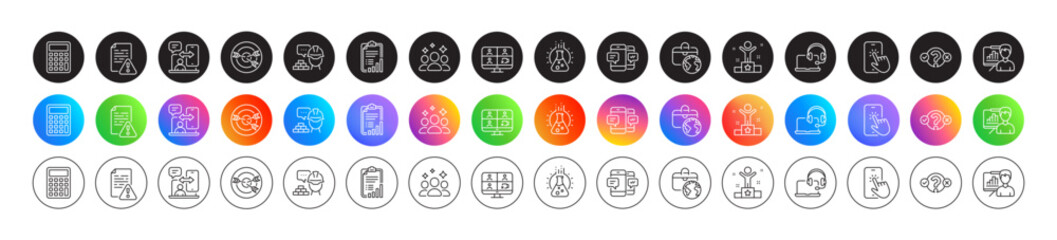 Targeting, Checklist and Instruction manual line icons. Round icon gradient buttons. Pack of Quiz test, Calculator, Winner icon. Video conference, Consult, Chemistry lab pictogram. Vector