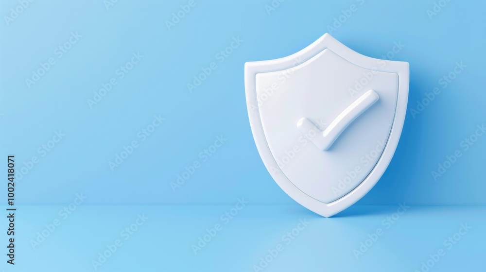 Poster white shield with checkmark on light blue background symbolizing protection and security.