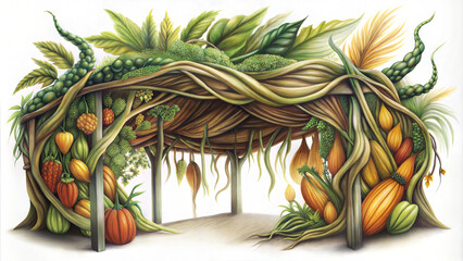 Sukkah decorated with harvest fruits and vegetables, autumn Sukkot booth