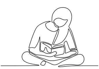 Continuous line drawing of a woman reading a book. Capturing the love for literature across generations.
