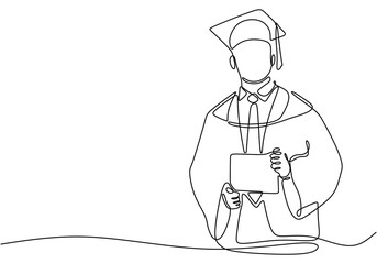 One line drawing of a man in a graduation robe. Joy of graduation in minimalist style.