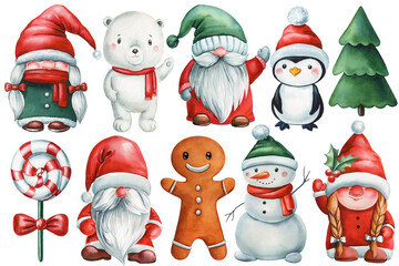 Festive watercolor holiday gnomes, cute winter friends. Christmas gnomes illustration for greeting card, poster. Clipart