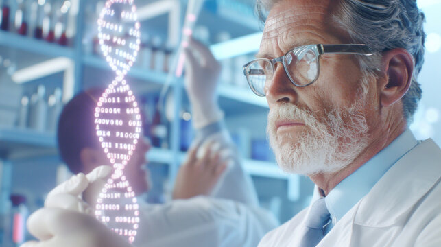A biotech engineer examining a DNA helix in laboratory with advanced technology and equipment