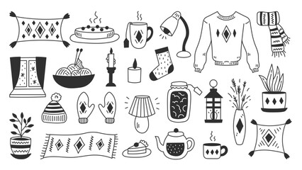 Hygge Doodle Elements Set. Hand drawn cozy winter outline symbols and icons. Knitwear food drink candles interior objects. Isolated vector illustration