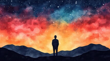Fototapeta premium Lone silhouetted figure standing amidst a dramatic ethereal landscape gazing up at the captivating vast expanse of the starry night sky in a contemplative spiritual moment