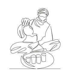One continuous single drawing line art flat doodle people, bedouin, adult, man, drink, culture, tea - hot drink, islam, vertical. Isolated image hand draw contour on a white background