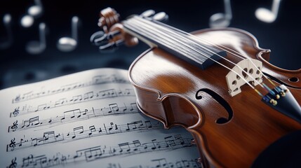 Naklejka premium In a detailed close-up, the violin's fingerboard and strings are highlighted against a dark backdrop, with soft musical notes subtly enhancing the atmosphere of this serene setting
