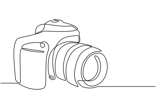 One line drawing of a digital camera capturing moments. Emphasizes modern technology.