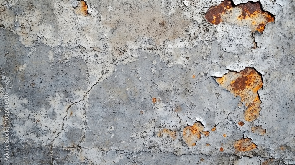 Poster a weathered concrete surface with cracks and rust, showcasing texture and aging.