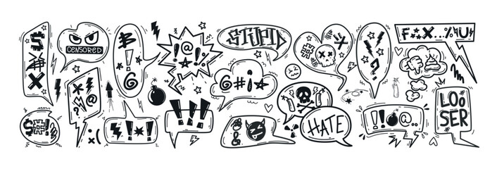 Hand drawn doodle sketch speech bubbles with insults, curses, swearwords and censored symbols. Bad words in talk frames, comic explosion boxes, dialog balloons for angry, negative expressions or hate