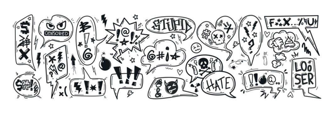 Hand drawn doodle sketch speech bubbles with insults, curses, swearwords and censored symbols. Bad words in talk frames, comic explosion boxes, dialog balloons for angry, negative expressions or hate