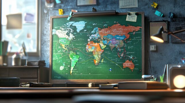 Vintage World Map on Chalkboard in a Retro Office Setting
