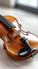 Obraz premium In a detailed close-up, the violin's fingerboard and strings are highlighted against a dark backdrop, with soft musical notes subtly enhancing the atmosphere of this serene setting