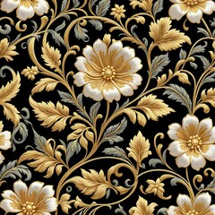 This design features round-petaled flowers and sleek, elongated leaves outlined in delicate gold thread