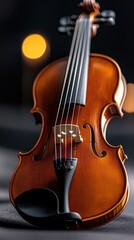 Fototapeta premium In a detailed close-up, the violin's fingerboard and strings are highlighted against a dark backdrop, with soft musical notes subtly enhancing the atmosphere of this serene setting