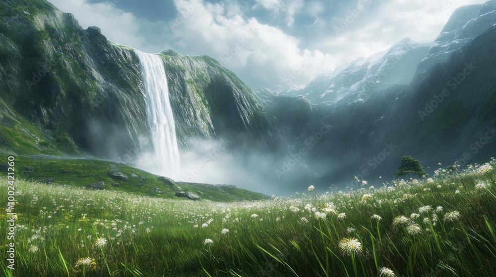 Poster Waterfall in a Misty Mountain Landscape