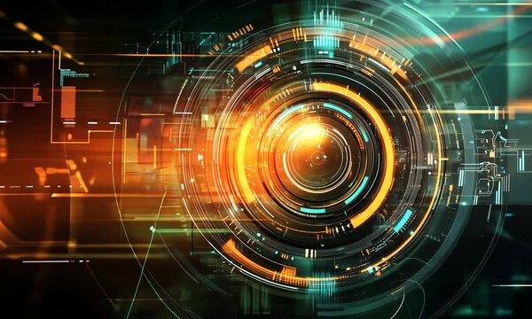 Abstract digital technology background with glowing circular HUD interface elements.