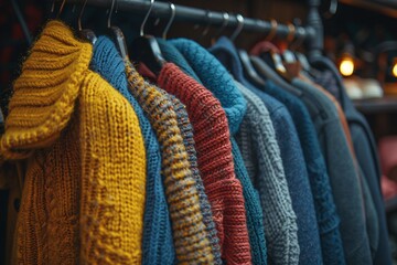 Various knitted sweaters in vibrant colors hang neatly on display in a cozy shop, reflecting the warmth of autumn fashion. The inviting atmosphere makes it a perfect shopping destination