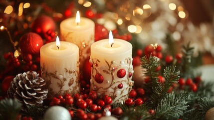 Warm Christmas background with Christmas candles and cons