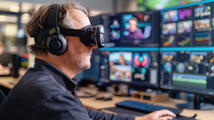 A digital content creator working in a virtual production studio with multiple monitors displaying data and charts, using VR headset with headphones