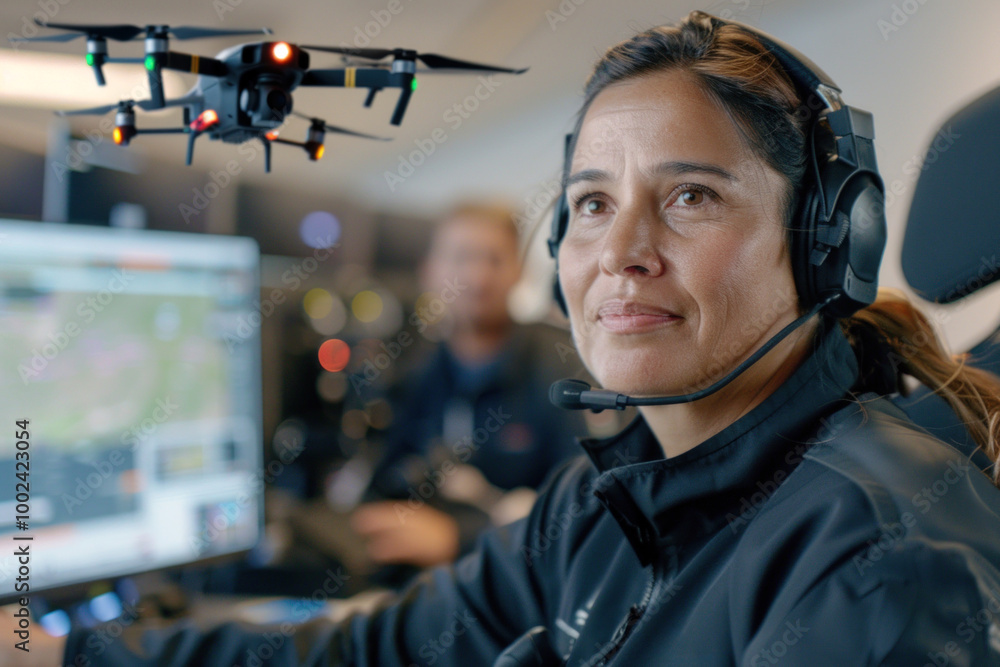 Aufkleber woman operating drone in control room with headset and computer screen monitoring
