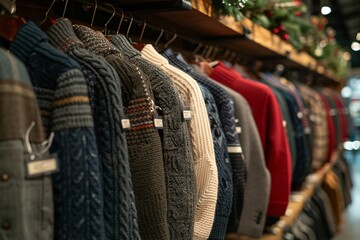 Obraz premium A collection of cozy sweaters hangs neatly on display in a boutique, showcasing various textures and colors. The warm lighting reflects the festive atmosphere of the holiday season