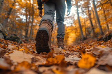 Autumn Hike Through a Forest Path with Golden Leaves