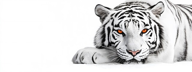 White tiger, white background, orange eyes, symmetrical composition, symmetrical close-up photo of face