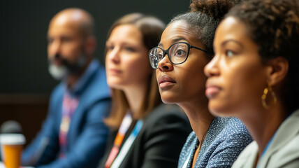 Obraz premium diverse panel of experts at a technology ethics conference, engaged in thoughtful discussion