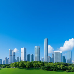 A city skyline with a clear blue sky and a lush green park in the foreground 
