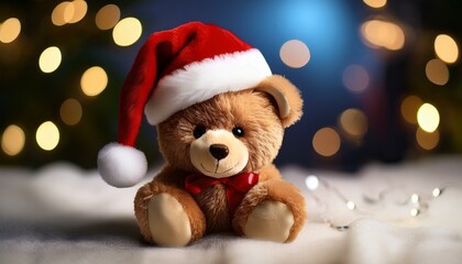 Fototapeta premium Brown Teddy bear peluche with red bow and Santa Claus hat against Christmas lights blurred background