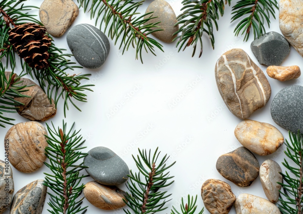 Aufkleber stones and pine branches arranged in a circular pattern on a white background, creating a natural fr