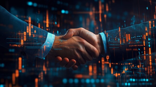 Two individuals are shaking hands at a symposium about the stock market.