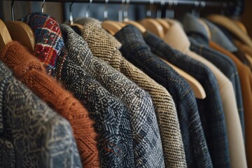 Fototapeta premium A collection of various coats hangs neatly on display, showcasing different textures and colors. The setting evokes a warm, inviting atmosphere perfect for autumn shopping