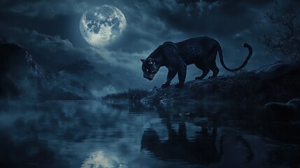   A leopard perched on a rock near a lake under the glow of a full moon
