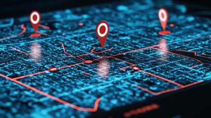 A high-tech digital map displaying location markers in vibrant blue and red tones, ideal for navigation and urban planning.