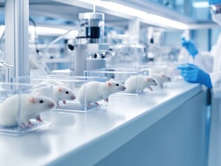A laboratory scene featuring white rats in transparent containers, highlighting animal research and scientific experimentation.