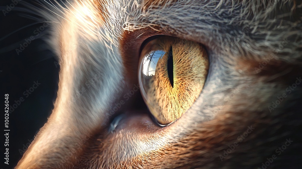 Wall mural   A macro shot of a feline's pupil with the sky mirrored inside