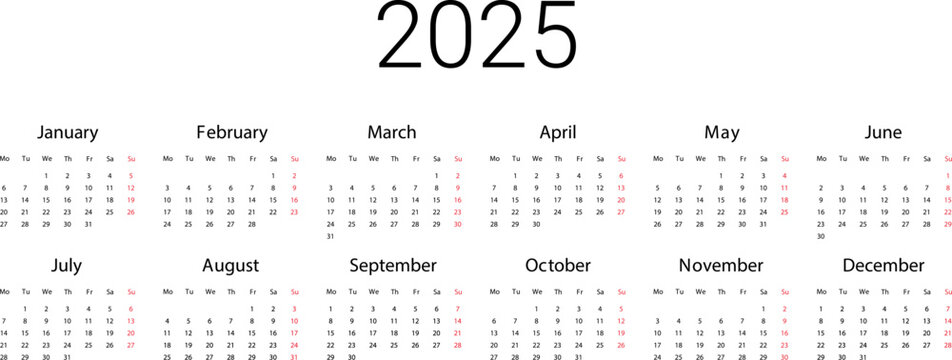 UK 2025 calendar. English Vector template start from monday. Full months for wall calendar