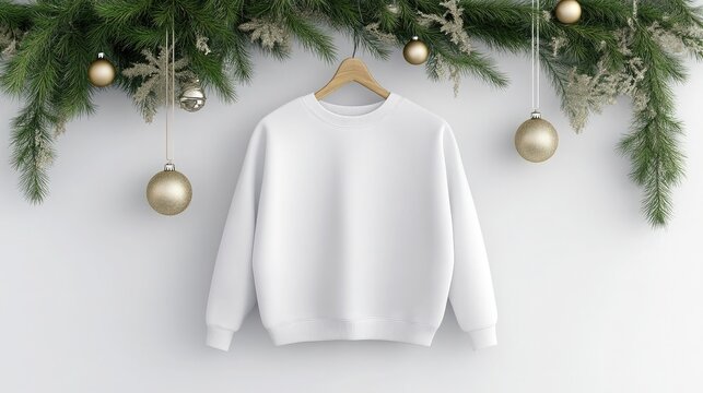 A blank white sweatshirt hangs on a wooden hanger, perfectly situated against a vibrant Christmas tree adorned with ornaments, capturing the spirit of the holiday season
