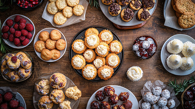 A top-down view of a beautifully arranged dessert spread featuring a mix of cookies, cupcakes, and muffins, ideal for a sweet indulgence