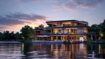 Obraz premium 3d rendering of modern house by the river at morning, house, luxury, villa, modern, architecture, building, exterior, residential, property, designer