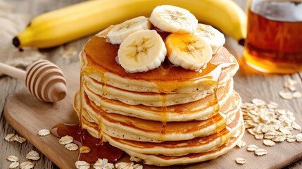 A delicious stack of fluffy pancakes topped with sliced bananas and a drizzle of honey creates a cozy breakfast setting, enhanced by soft natural lighting