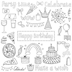 Happy birthday elements doodle set. Celebration stuff, food, drinks and phrases. Event elements, big birthday cake, fireworks. Black lines hand drawn vector doodles. Isolated on white background.